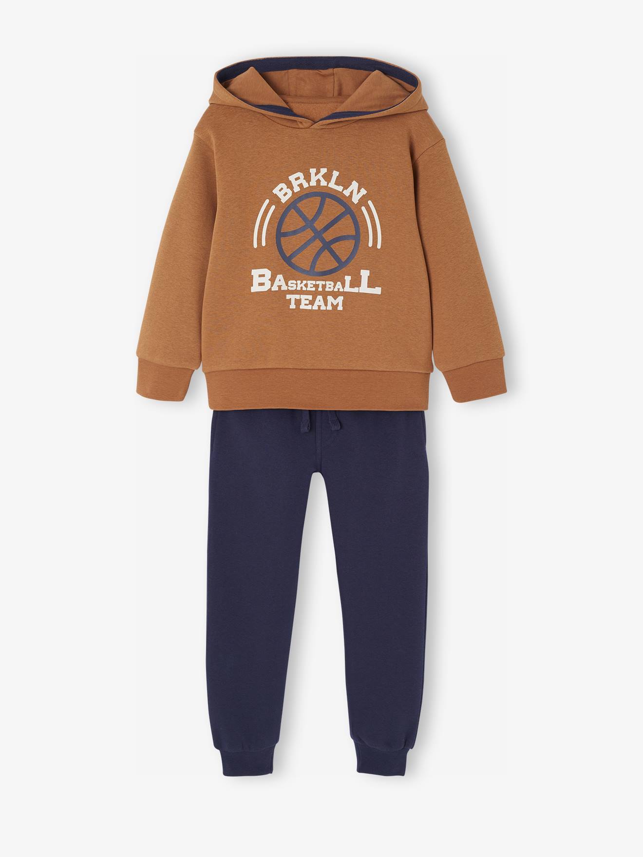 Sportieve set voor jongens met sweater met capuchon en print + effen joggingbroek karamel afbeelding