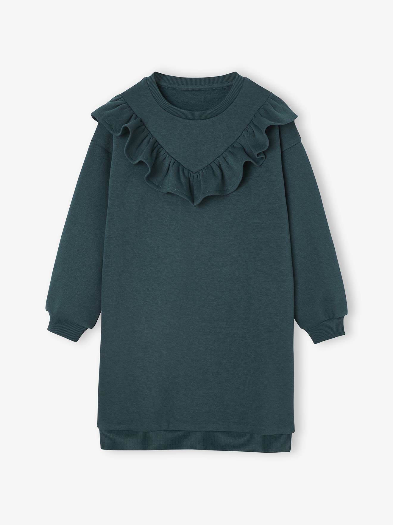 Jurk van sweaterstof met ruches voor meisjes smaragdgroen afbeelding