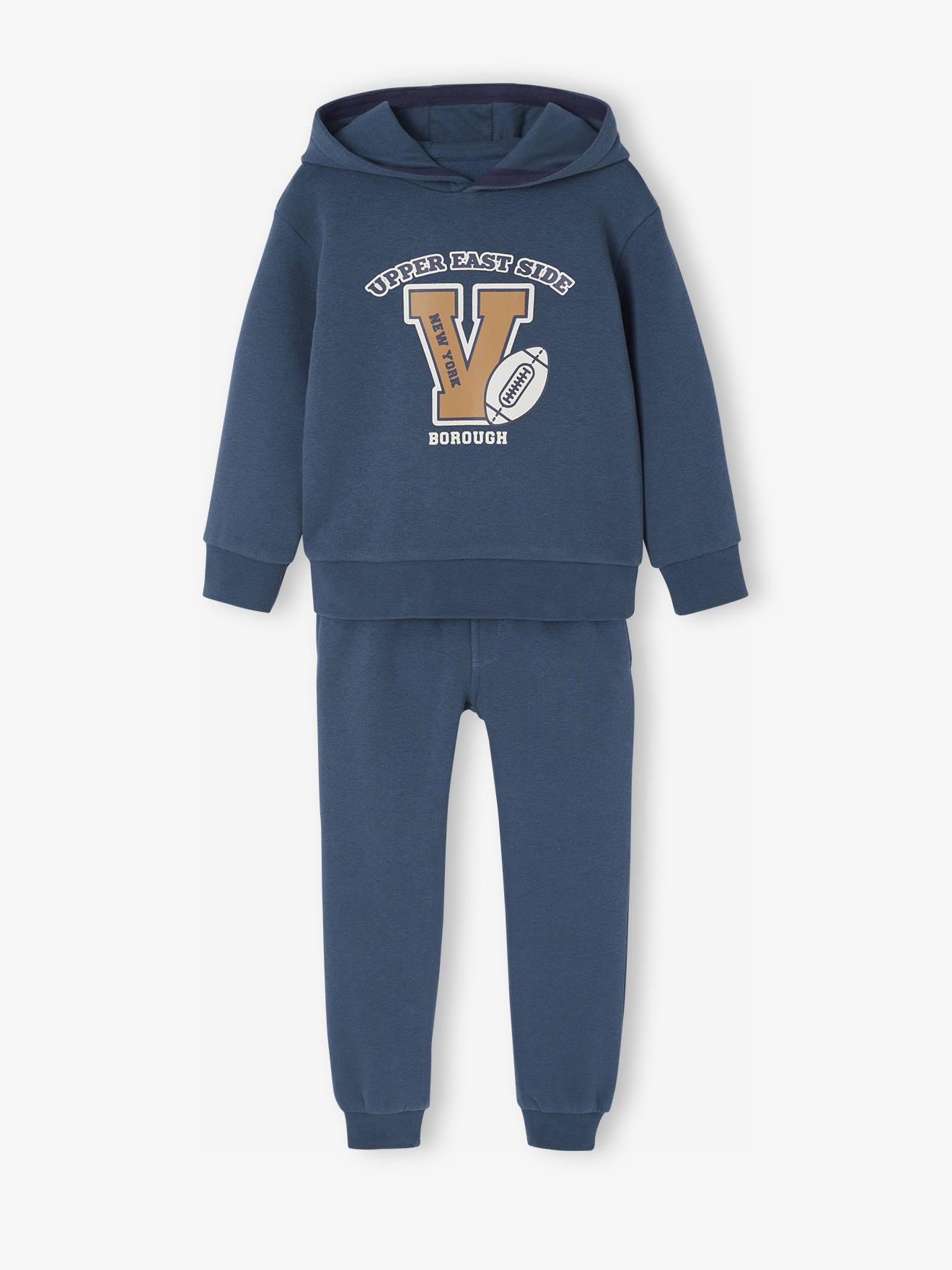Sportieve set voor jongens met sweater met capuchon en print + effen joggingbroek petrolblauw afbeelding