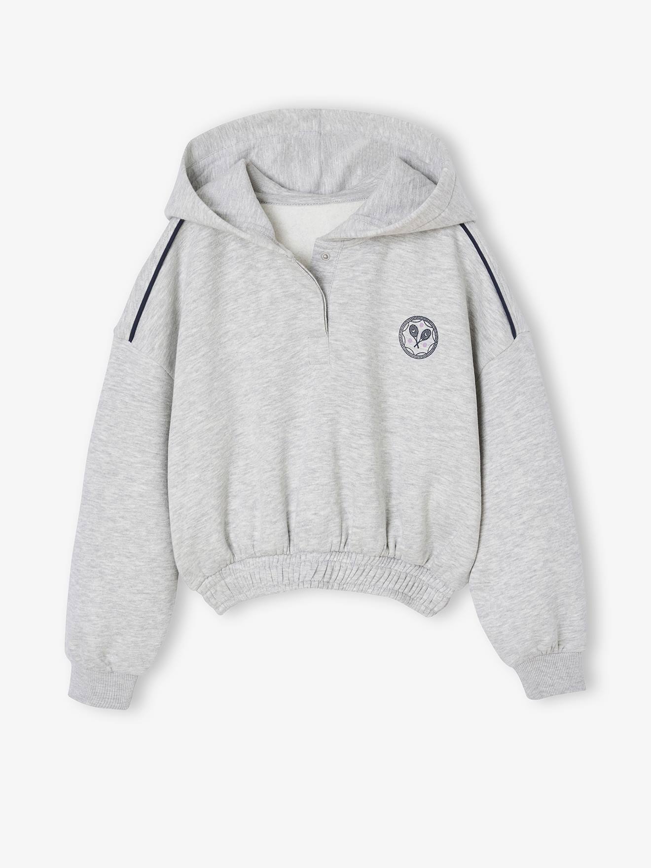 Korte sportieve sweater met capuchon voor meisjes gemêleerd grijs afbeelding