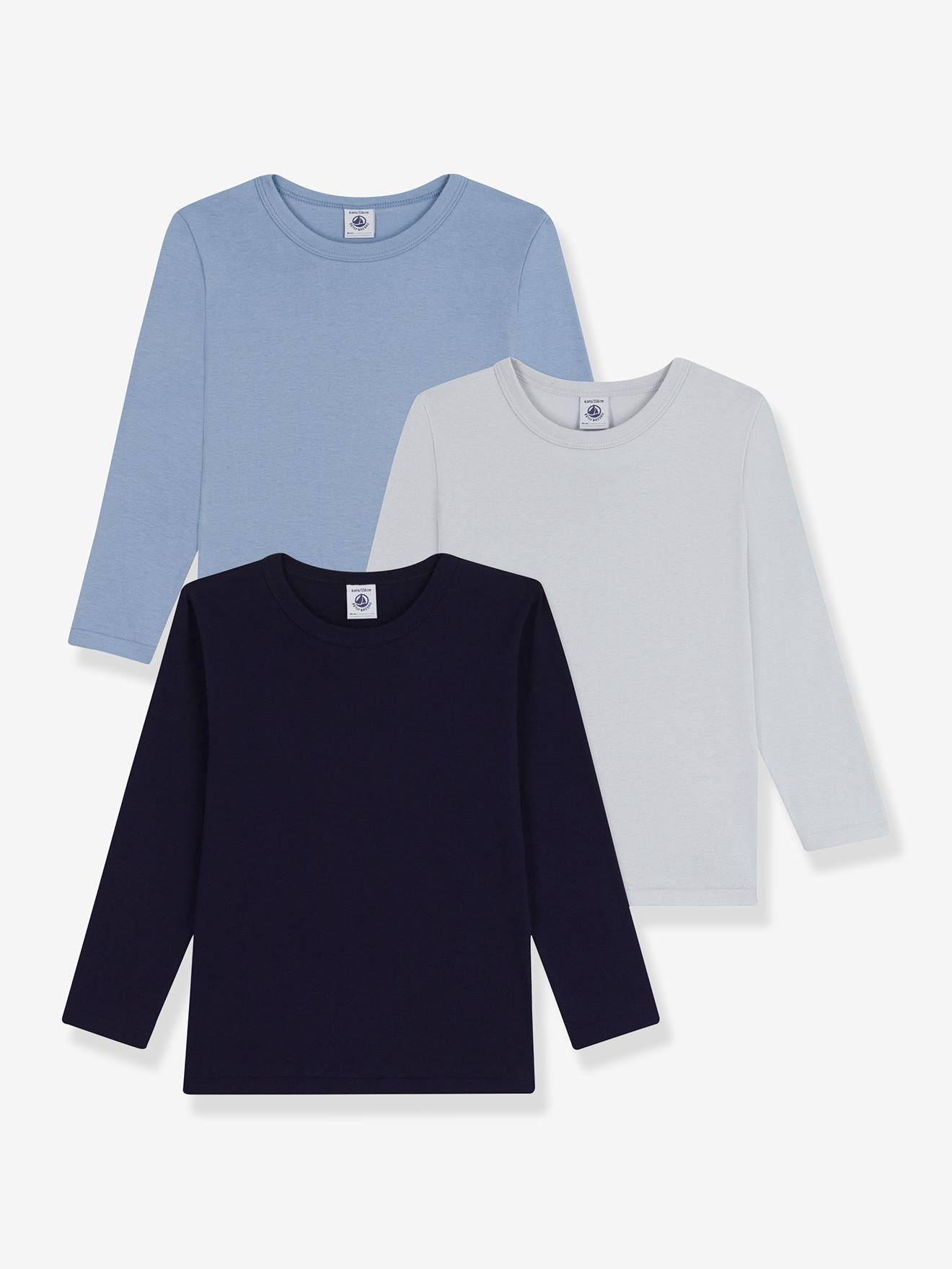 Set van 3 effen katoenen PETIT BATEAU t-shirts met lange mouwen voor kinderen blauw afbeelding