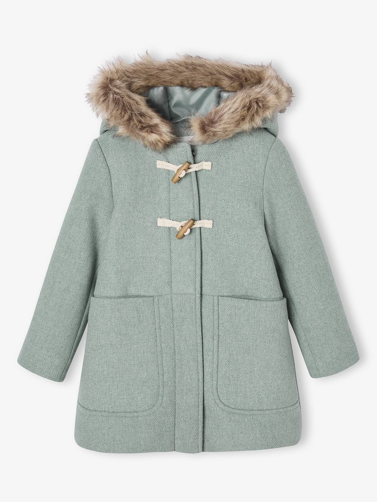 Duffel met capuchon van wol met houtje-touwtjeknopen groengrijs afbeelding