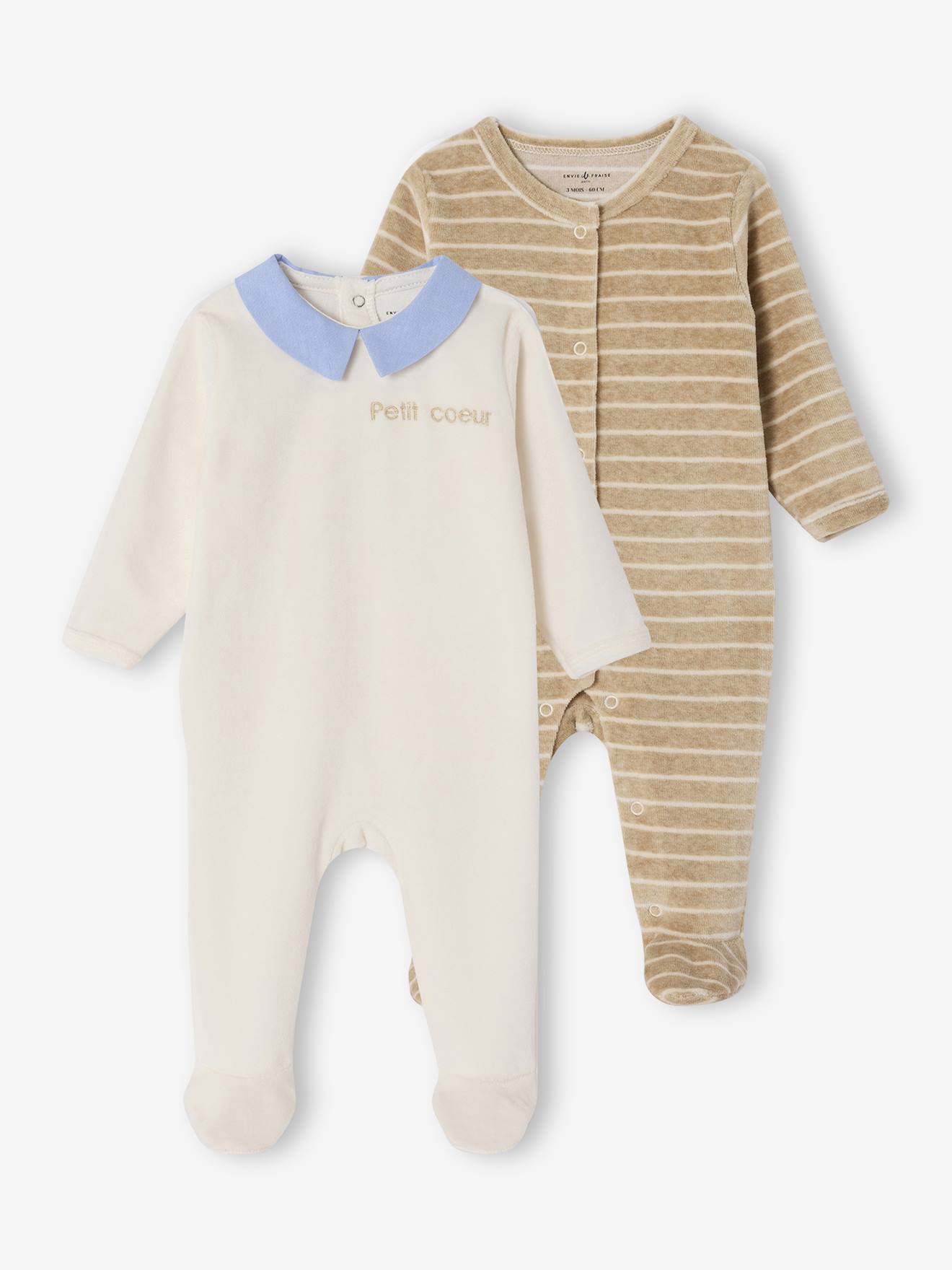 Set van 2 babyslaappakje geboorte in fluweel / velours ENVIE DE FRAISE personaliseerbaar ecru afbeelding