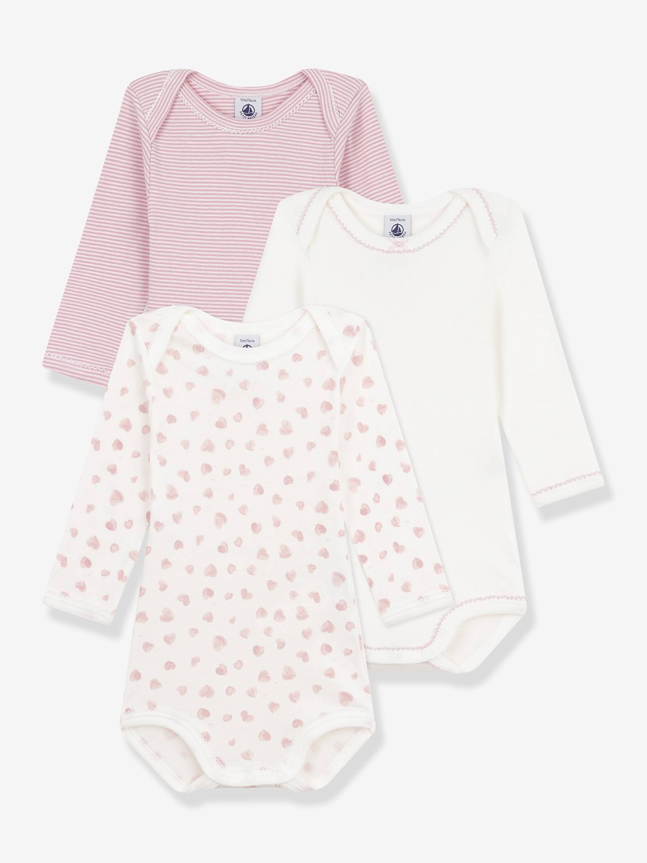 Set van 3 body's met lange mouwen en hartjesprint baby PETIT BATEAU rozen afbeelding