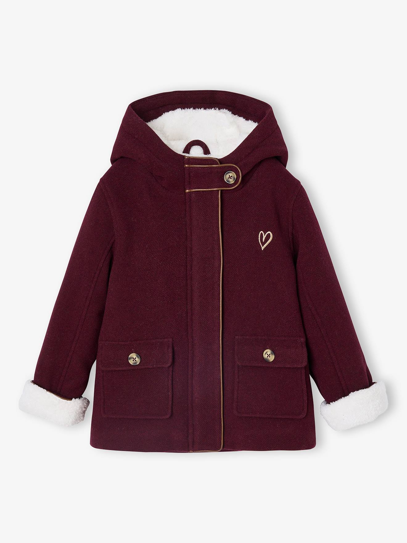 Mantel met capuchon van wol met sherpa voering voor meisjes bordeauxrood afbeelding