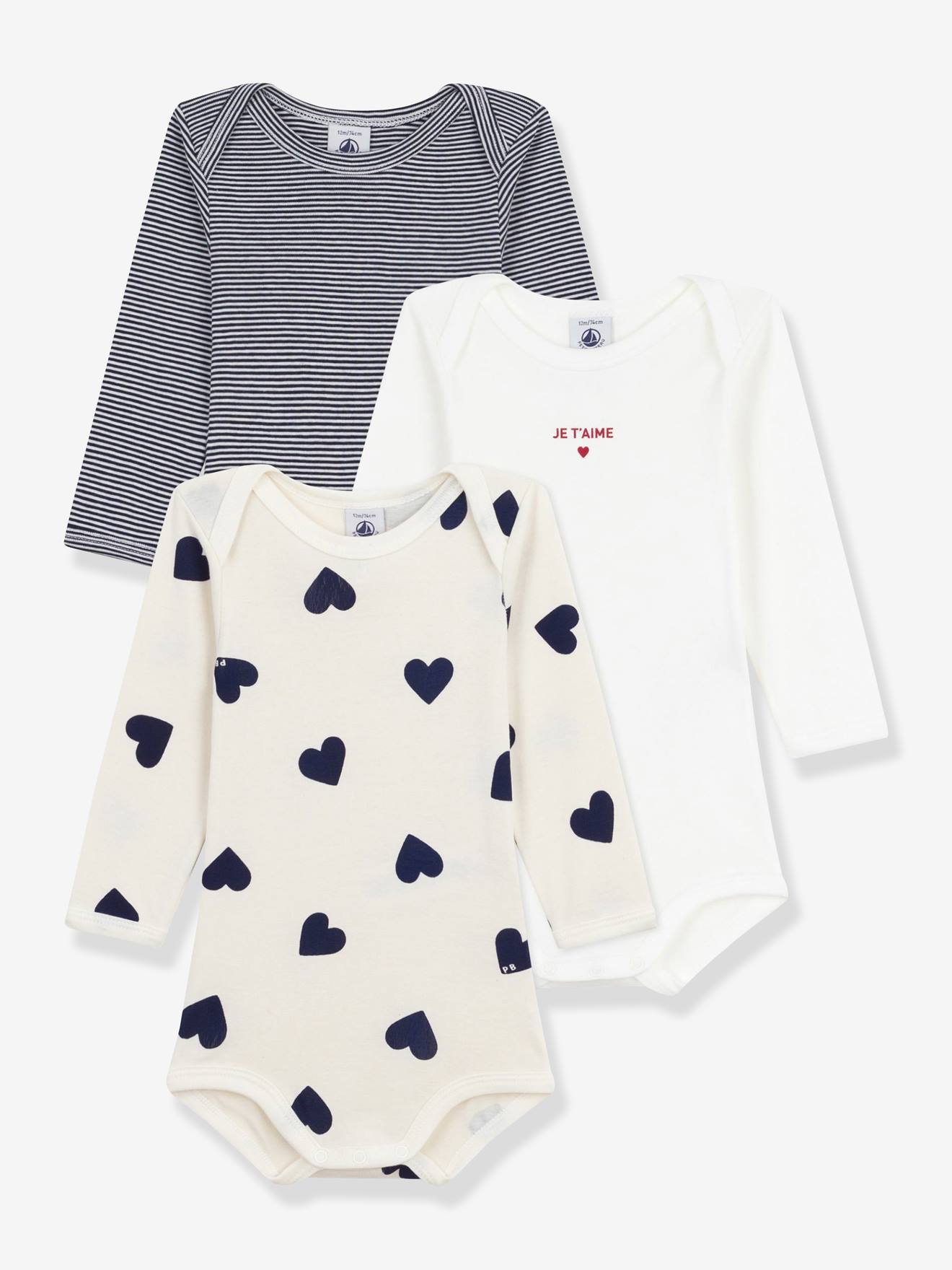 Set van 3 gemengde body's met lange mouwen en hartjes voor baby's PETIT BATEAU ecru afbeelding
