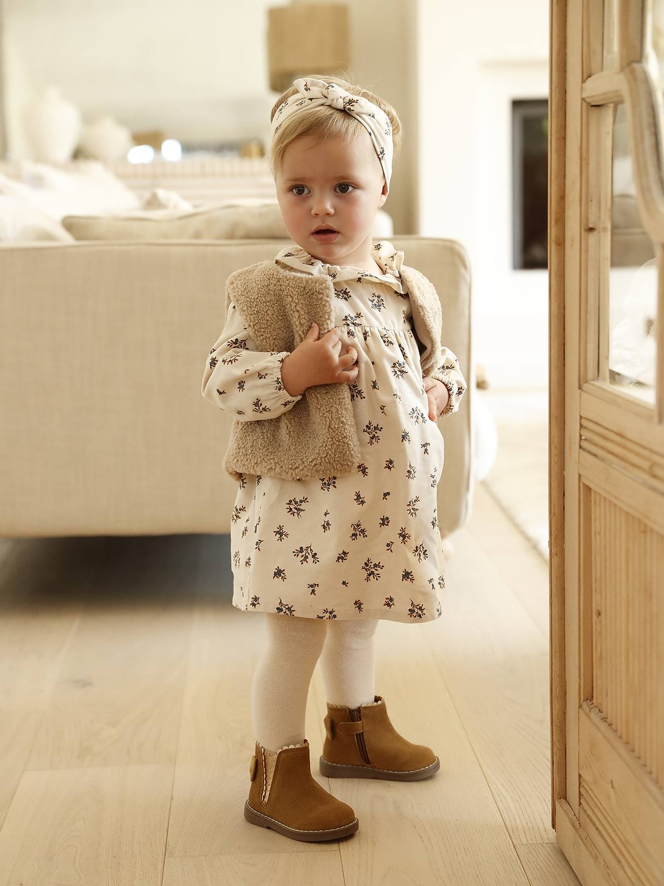 Babyset jurk + vestje + haarband vanille afbeelding