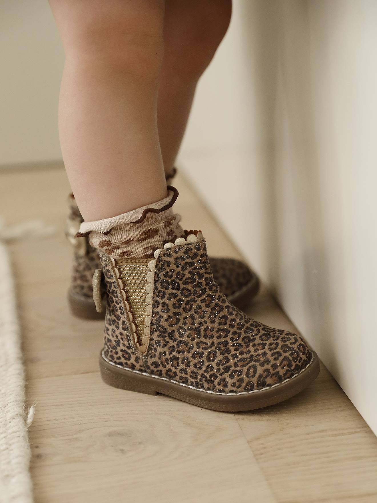 Elastische leren laarsjes voor meisjesbaby's beige, bedrukt afbeelding