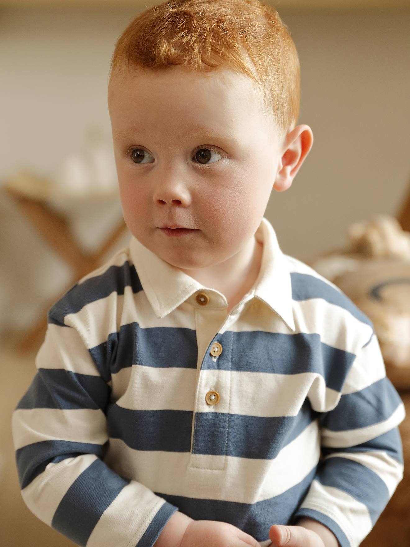 Gestreept polo t-shirt voor baby's met lange mouwen grijsblauw afbeelding