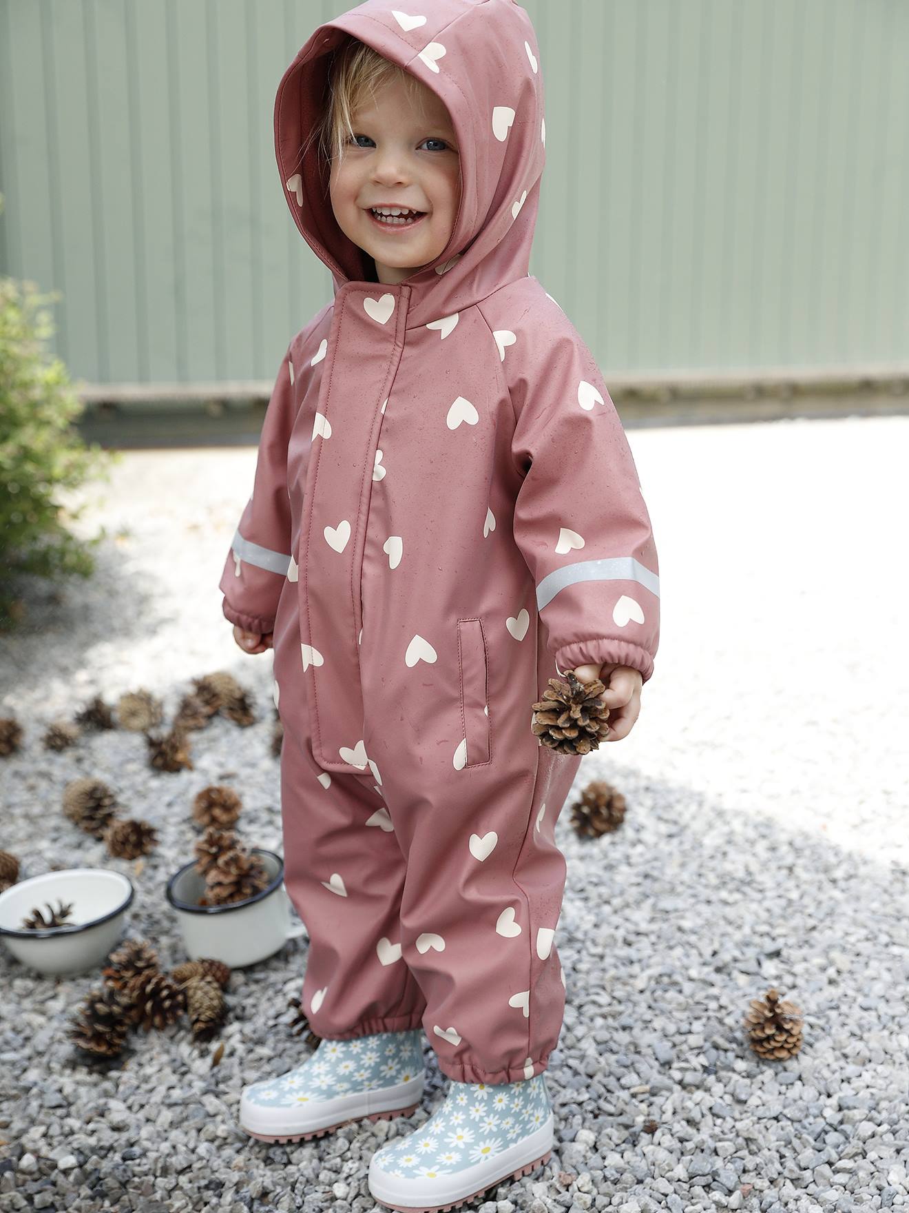 Bedrukte regenjas met capuchon voor baby's, gevoerd met fleece oudroze afbeelding