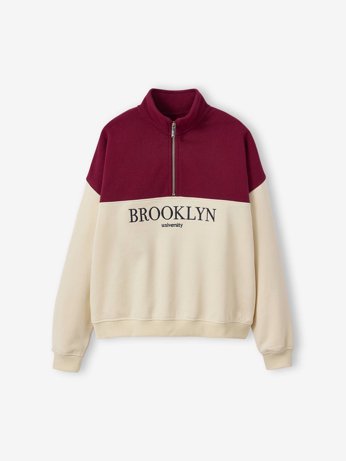 Meisjessweater met opstaande kraag, colorblock en geborduurde letters JONEN ecru afbeelding