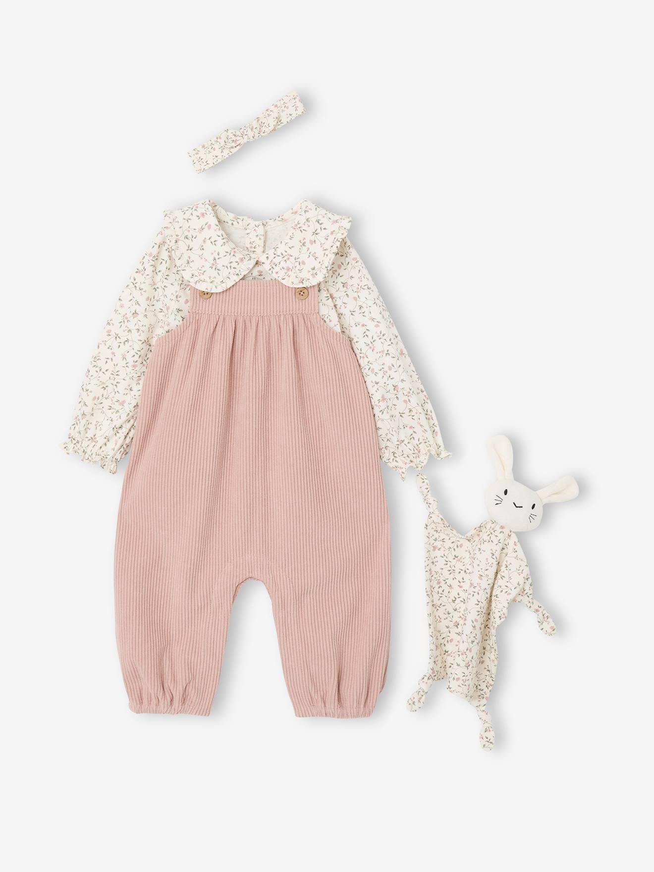 Babypakje T-shirt + salopet + haarband + knuffel roze (poederkleur) afbeelding