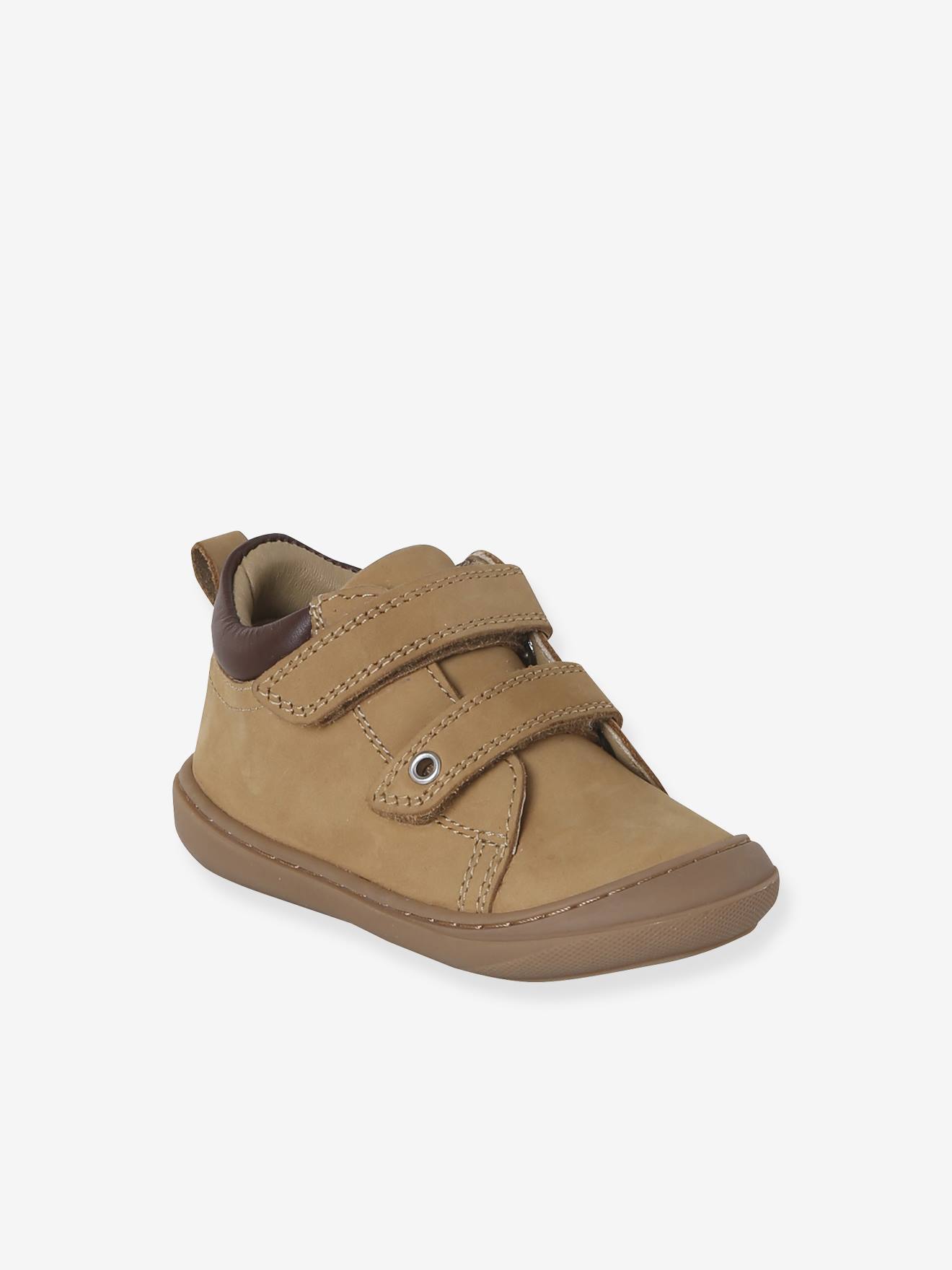 Babyslofjes van zacht leer met antislip zandbeige afbeelding