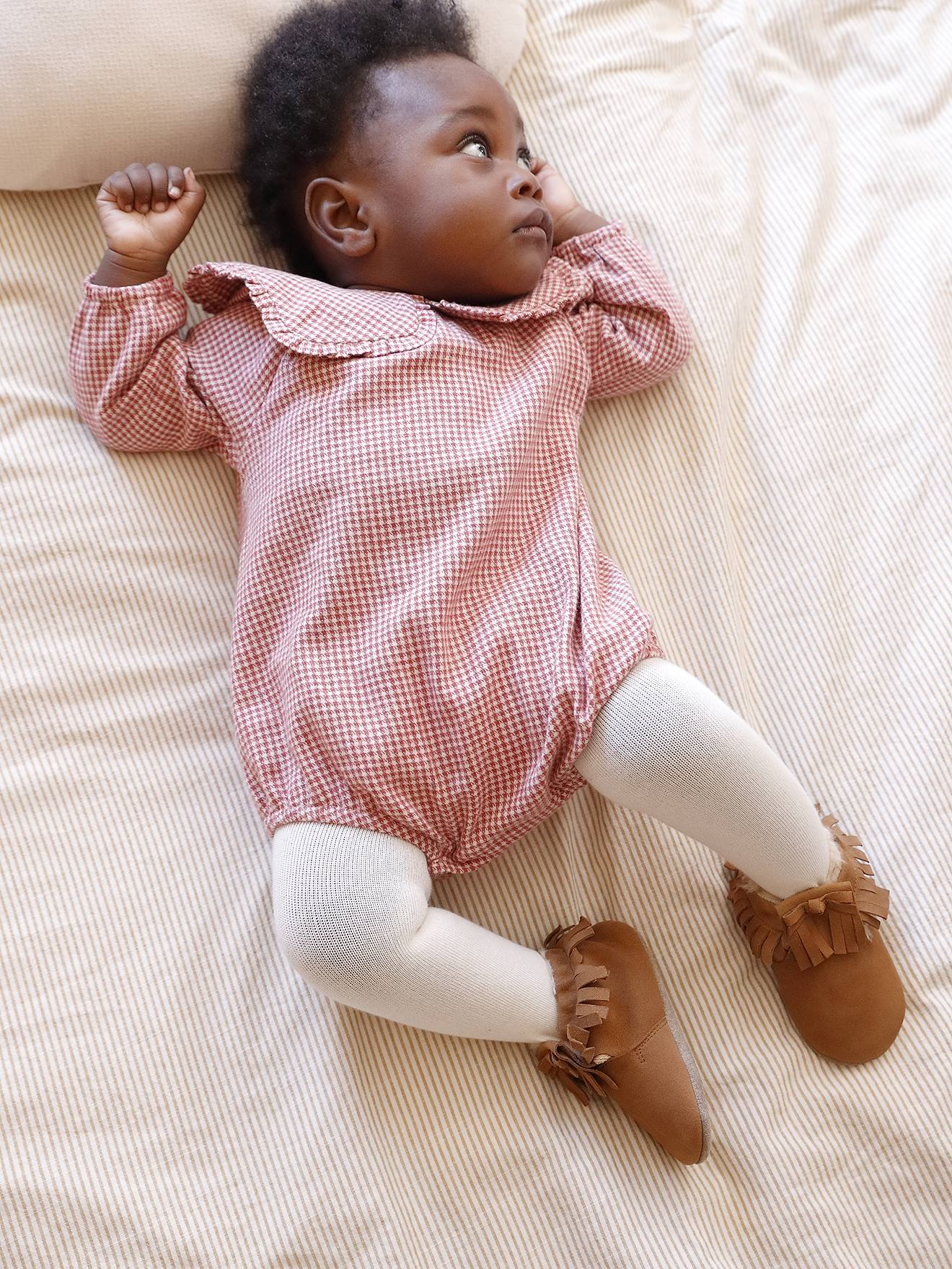 Flanel bloomer voor pasgeborenen met vichy-motief + effen panty's ecru afbeelding