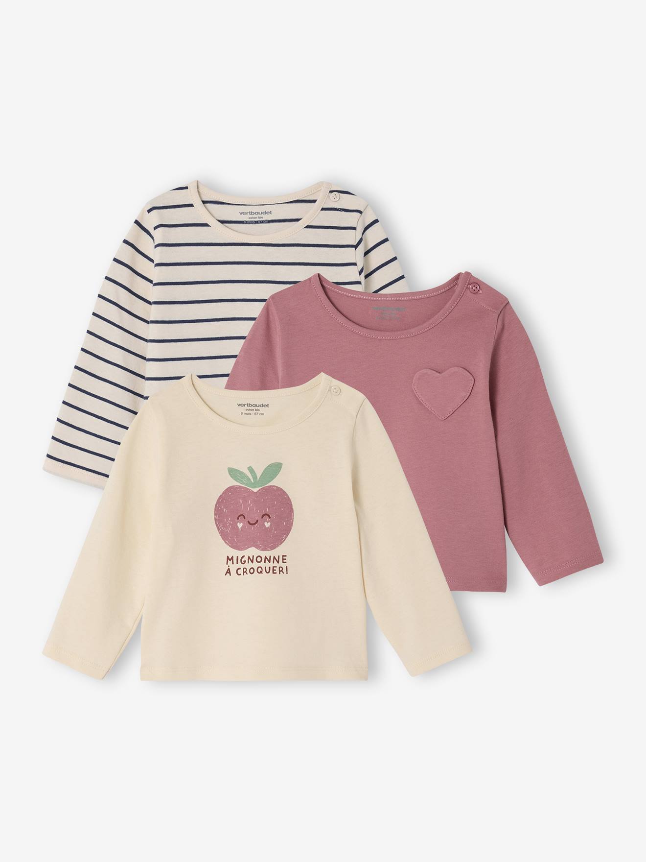 Set van 3 T-shirts Basics baby met lange mouwen oudroze afbeelding