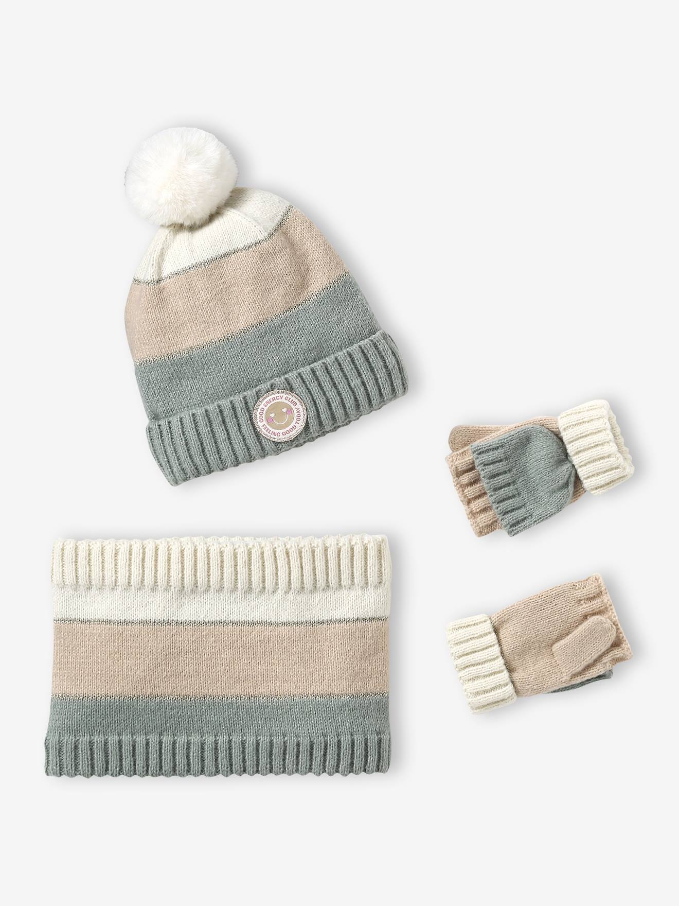 Meisjesmuts + snood + wanten/handschoenen in colorblock voor meisjes blauwgroen afbeelding