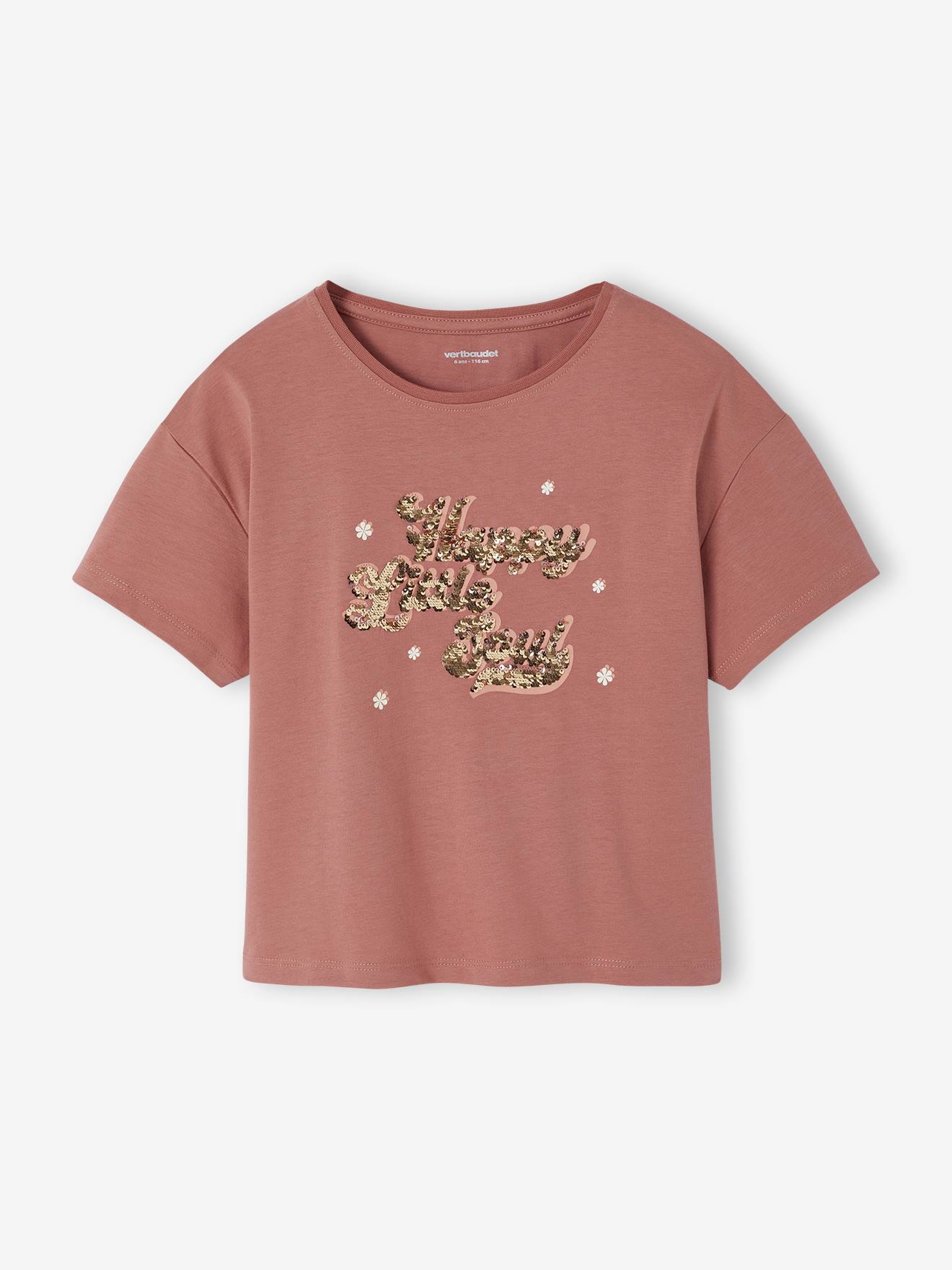 T-shirt met afbeelding, omkeerbare pailletten en korte mouwen voor meisjes rozenhout afbeelding