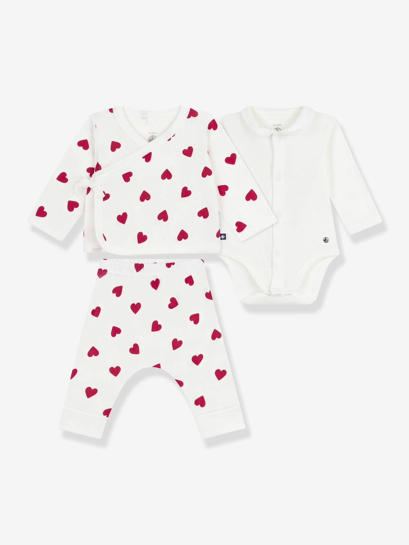 Babyset 3-delig met hartjesprint baby PETIT BATEAU vestje met overslag, broek en body wit afbeelding