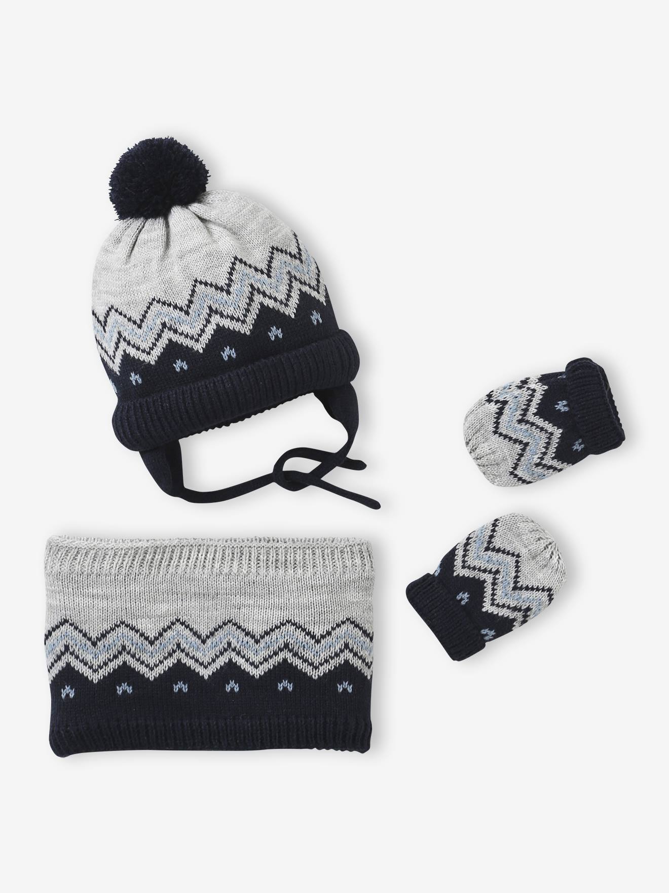 Jacquard babyset muts, snood en wanten gemêleerd grijs afbeelding