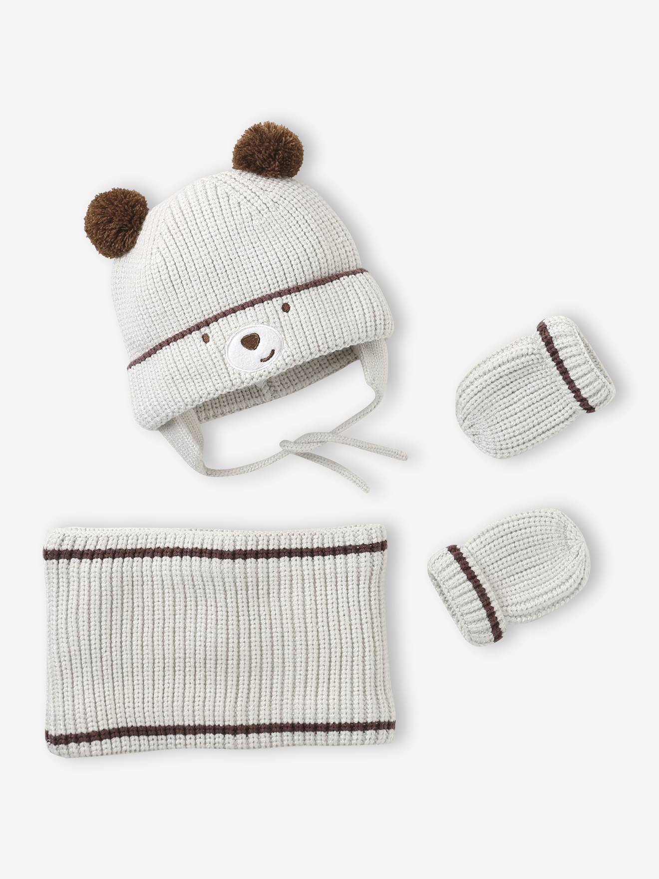 Babyset muts >, snood en wanten baby klei afbeelding