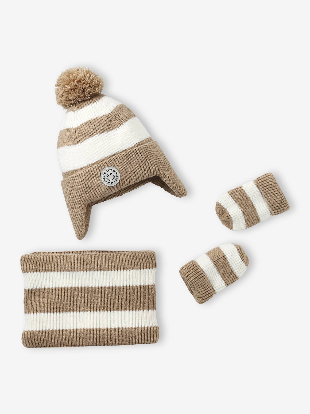Gestreept babyset met Peruaanse muts, snood en wanten beige, gestreept afbeelding