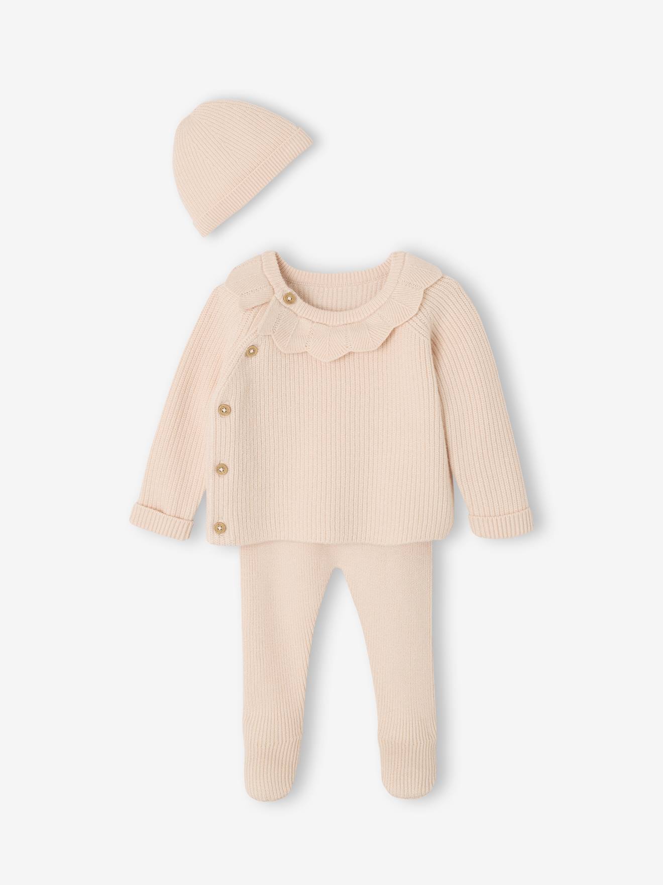 3-delige babyset met gebreid vestje + broek + muts rozen afbeelding