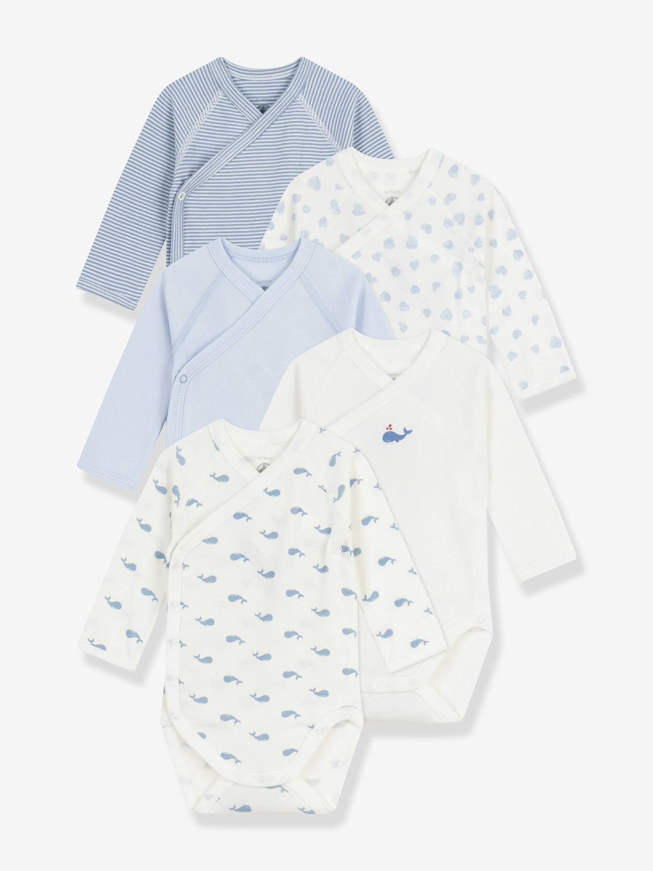 Set van 5 overslagbody's met print baby PETIT BATEAU lange mouwen lichtblauw afbeelding