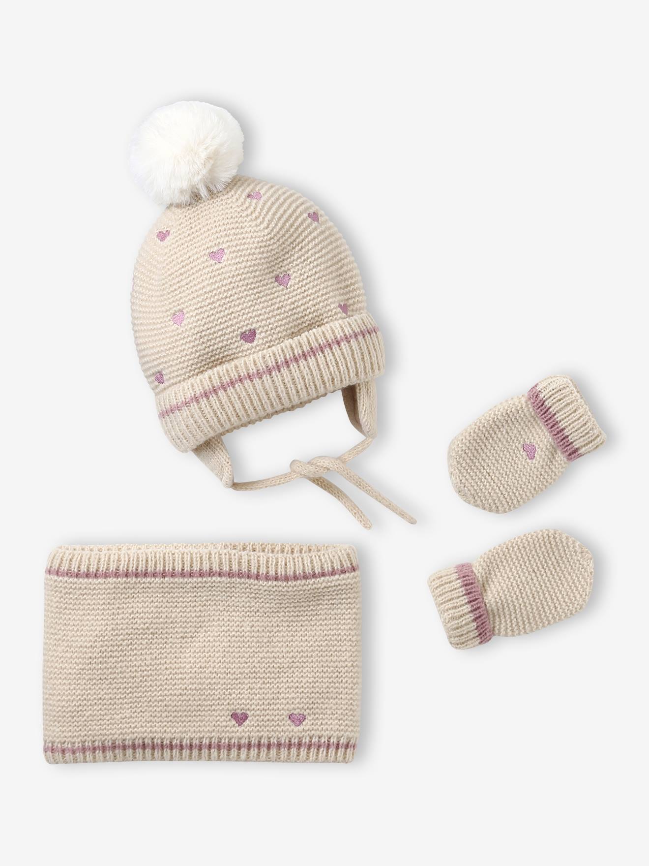 Geborduurde hartjes babyset muts, snood en wanten goudbeige afbeelding