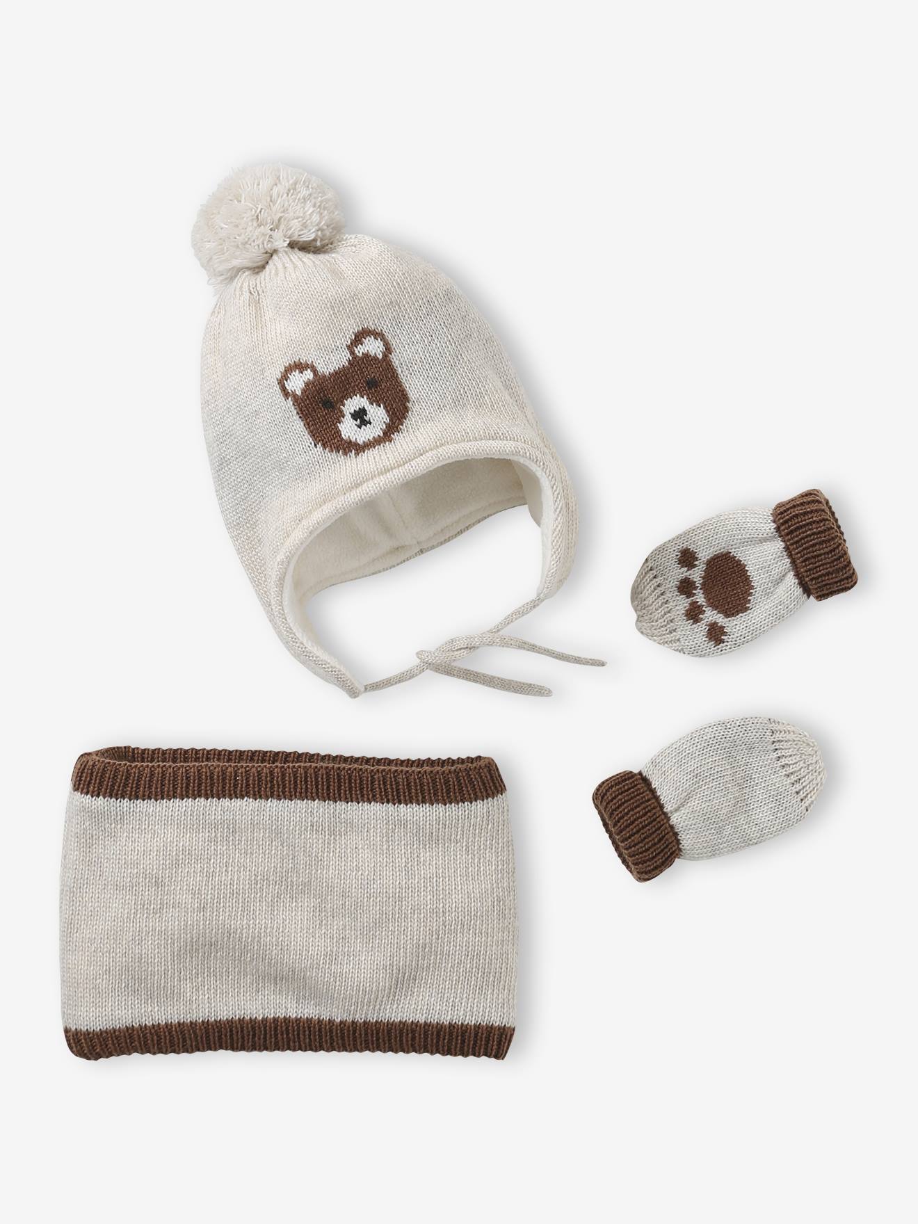 Babyset Muts Peruviaans Jacquard Beer Snood en Wanten gemêleerd beige afbeelding