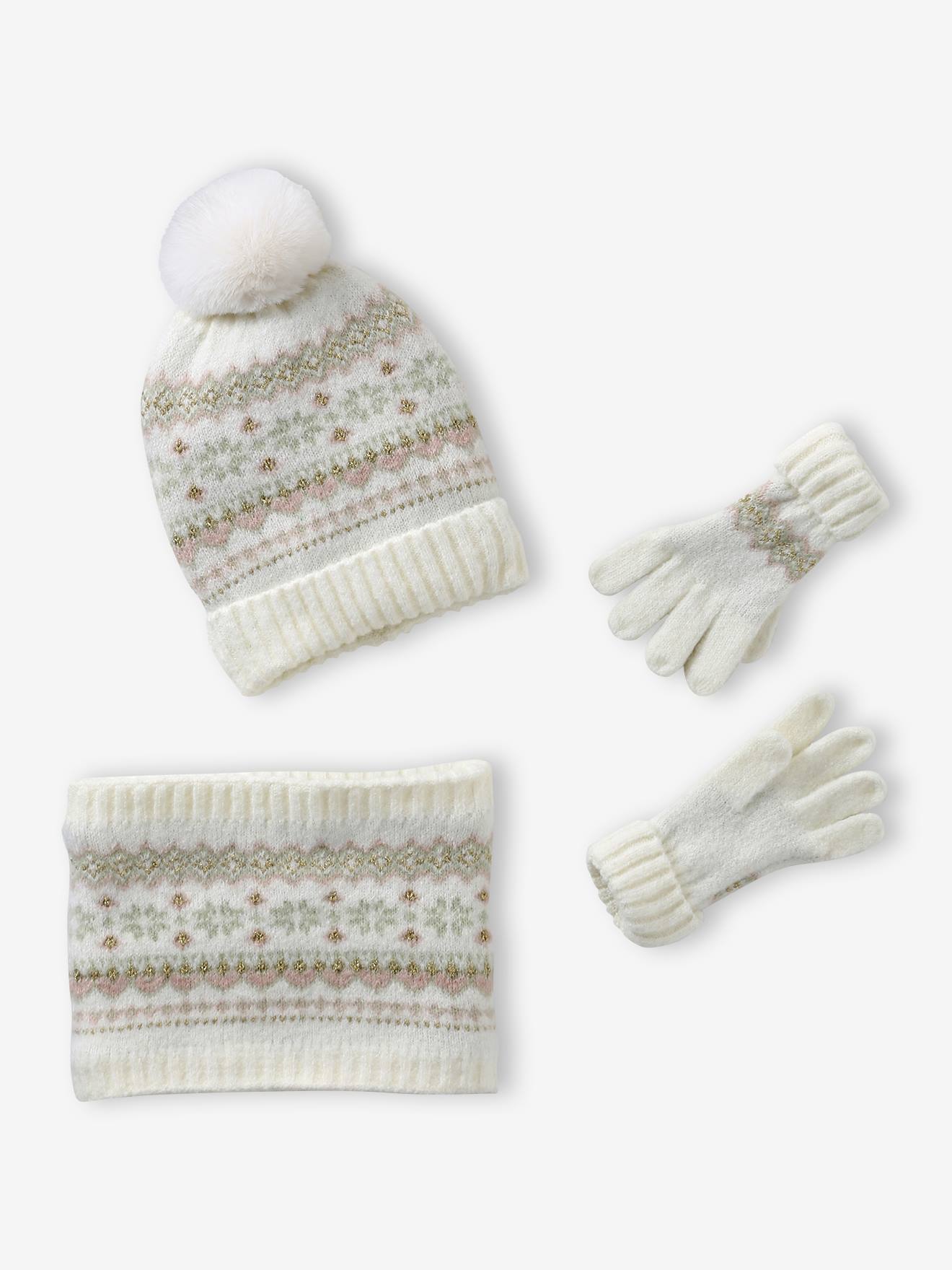Jacquard babyset muts + snood + wanten/handschoenen voor meisjes ecru afbeelding
