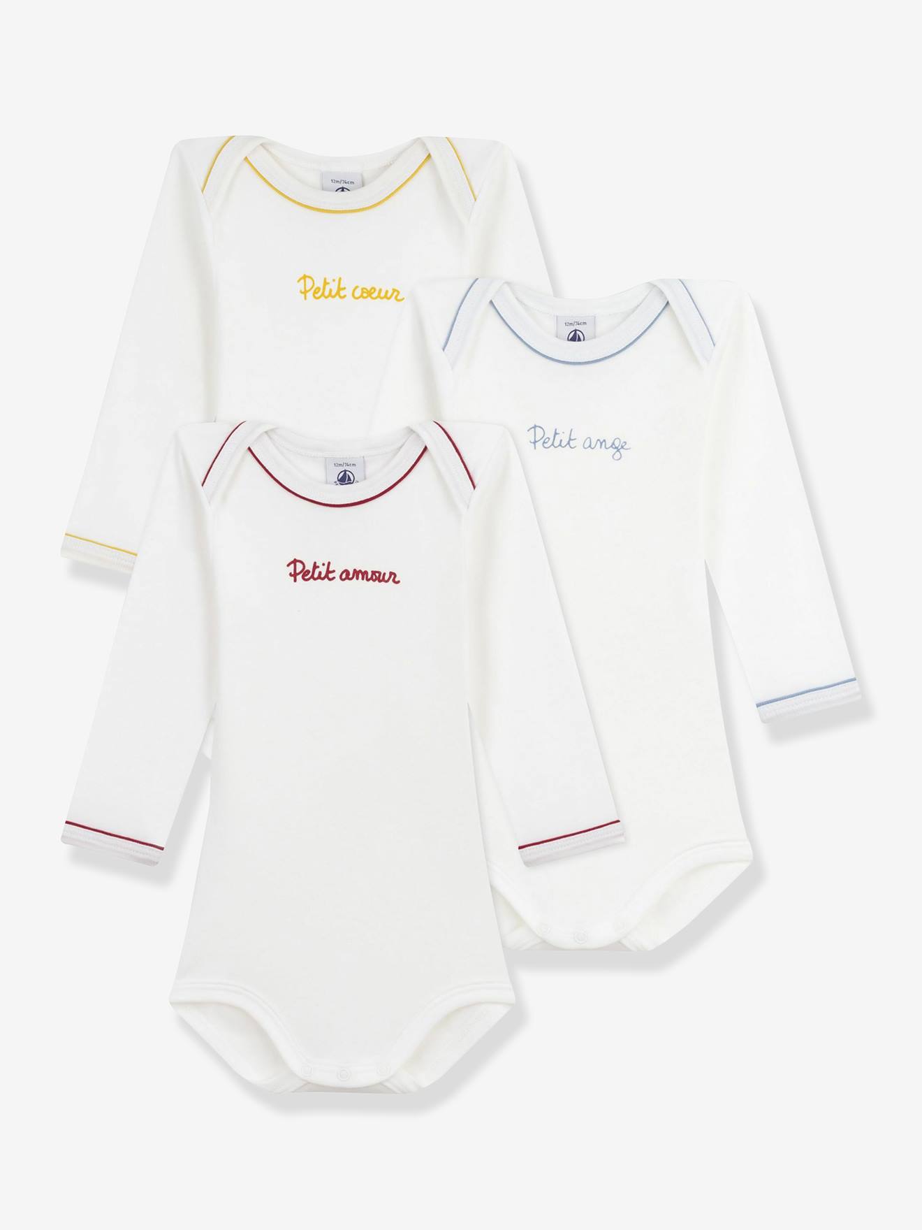 Set van 3 gemengde body's met lange mouwen en een boodschap van PETIT BATEAU wit afbeelding