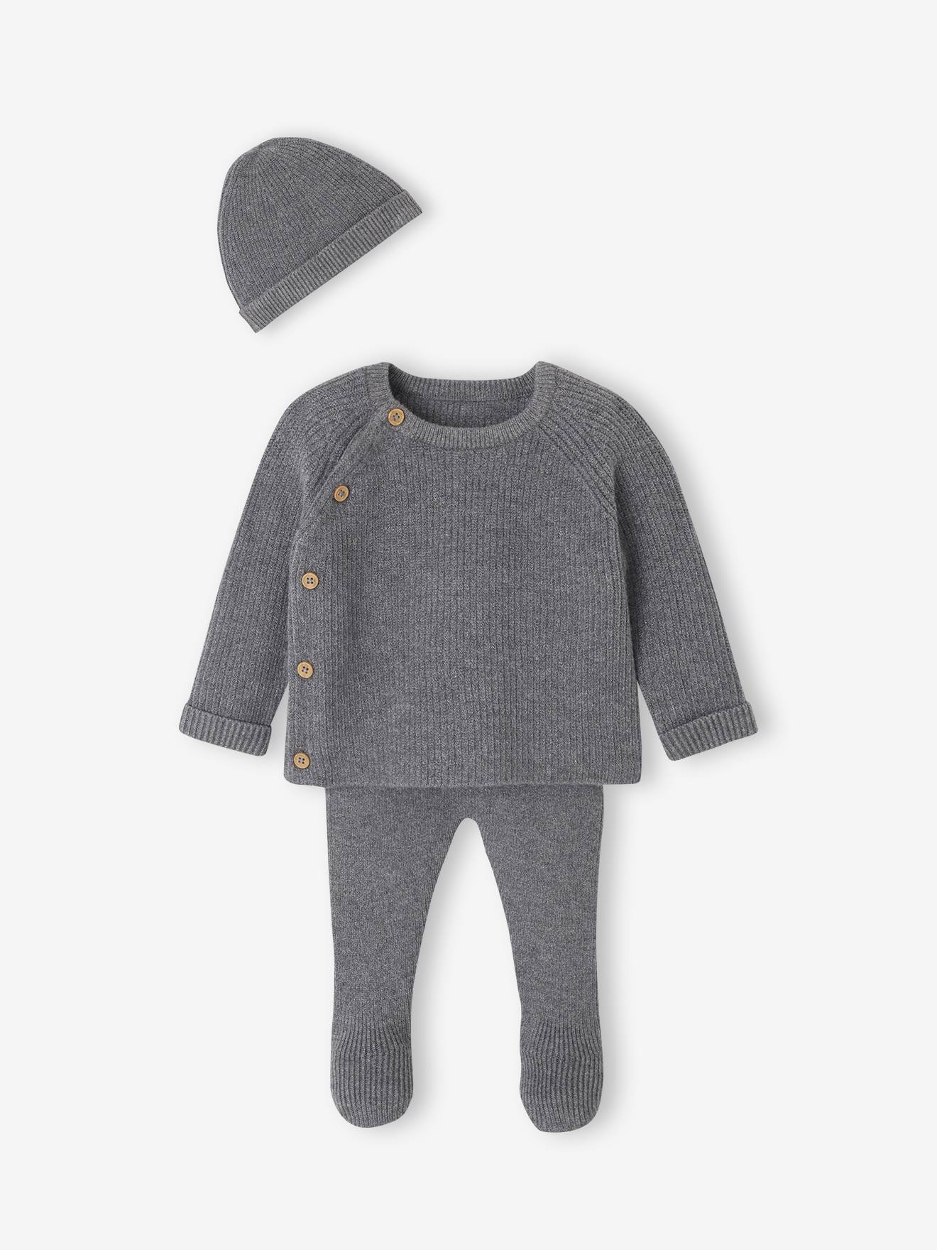 3-delige babyset met gebreid vestje + broek + muts gemêleerd grijs afbeelding