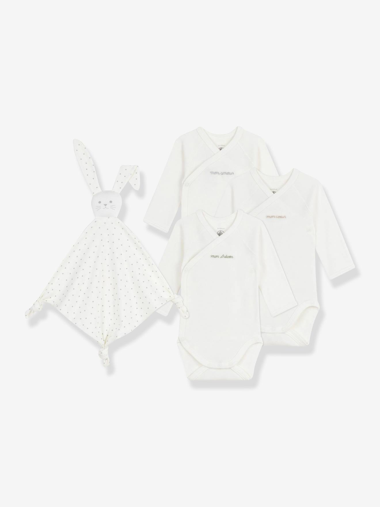 Babypakje met 3 body's van geborduurd katoen en knuffelkonijn PETIT BATEAU ecru afbeelding