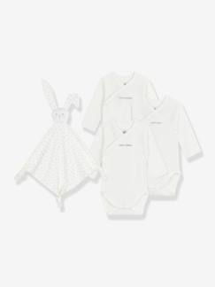 Baby-Pyjama, surpyjama-Babypakje met 3 body's van geborduurd katoen en knuffelkonijn PETIT BATEAU