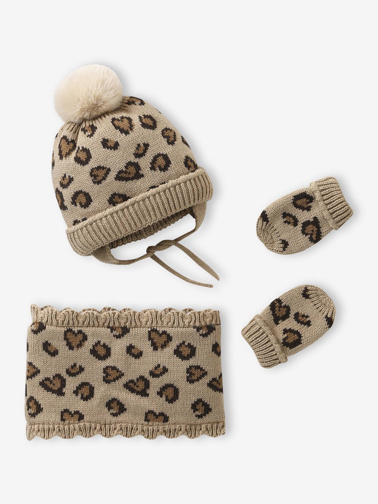 Luipaard set muts, snood en wanten baby taupe afbeelding
