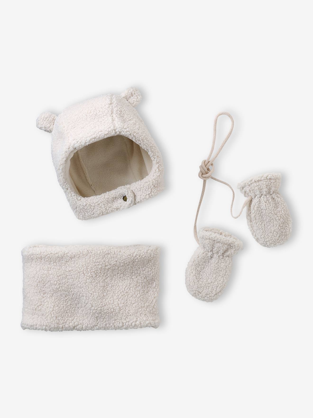 Babyset muts, snood en wanten baby in sherpa ecru afbeelding