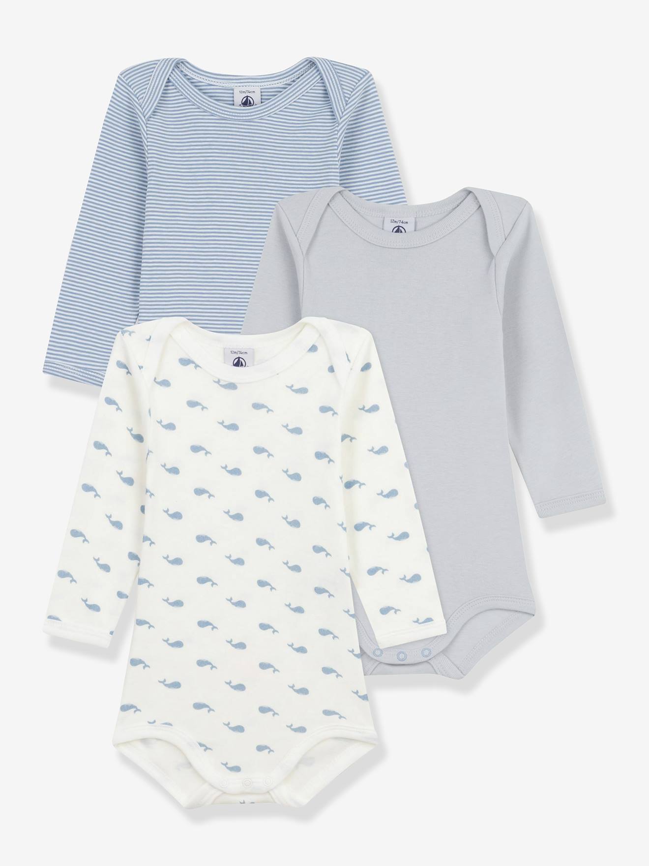 Set van 3 body's Walvissen baby PETIT BATEAU lange mouwen wit afbeelding