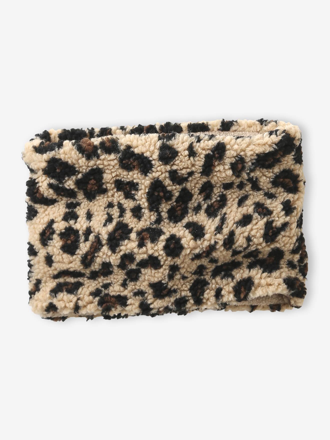Meisjes snood van sherpa met luipaardprint en gevoerd met fleece beige
