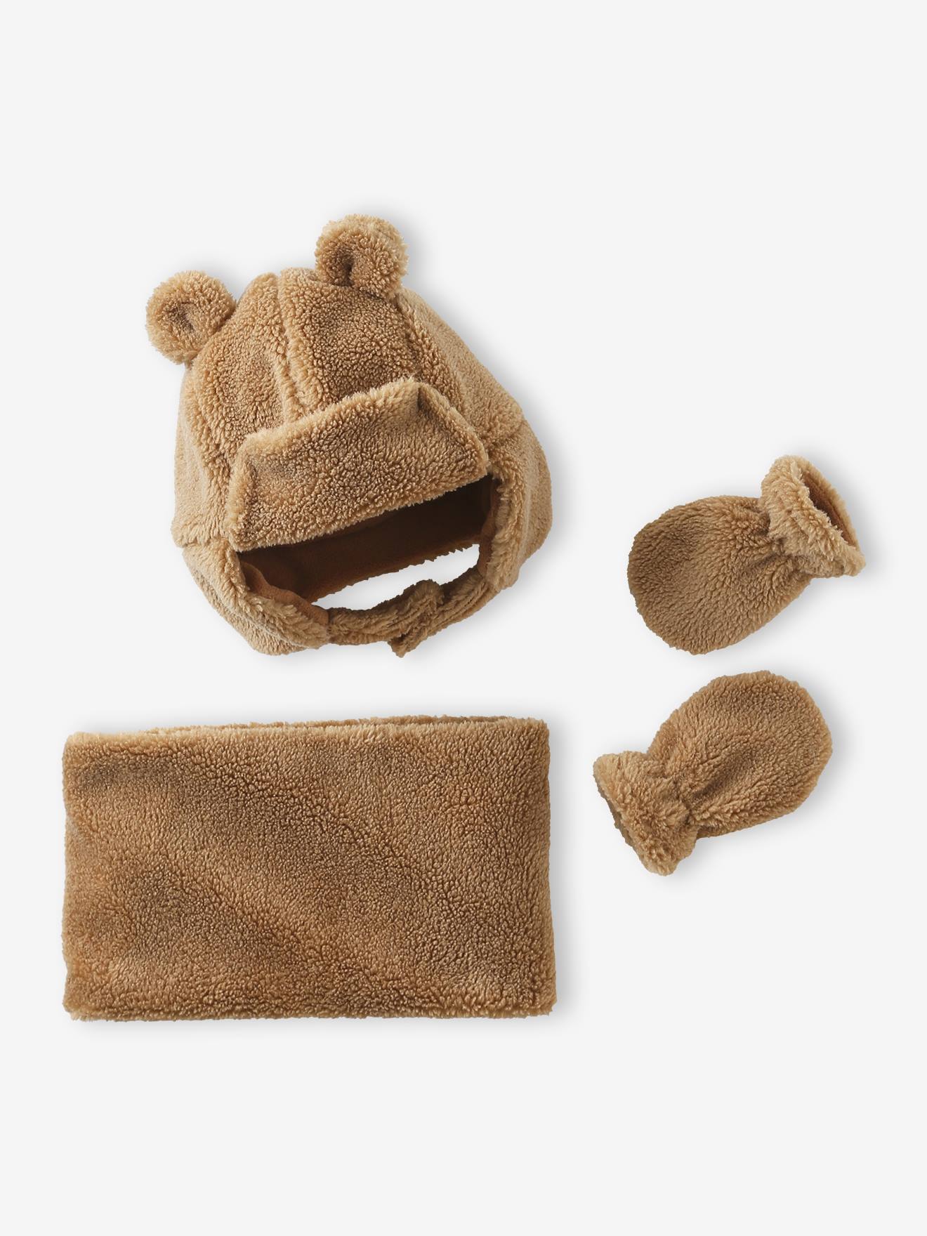Babyset muts, snood en wanten baby in sherpa zandbeige afbeelding