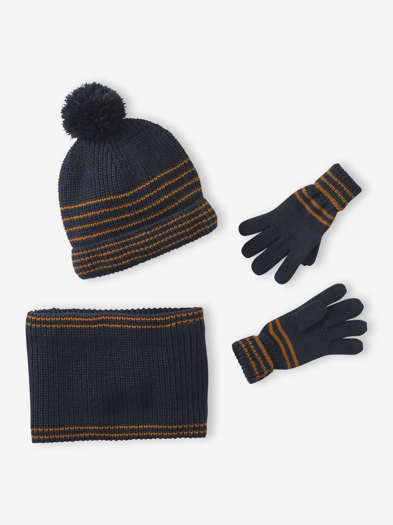 Geruite jongens babyset muts + snood + wanten/handschoenen chambrayblauw afbeelding