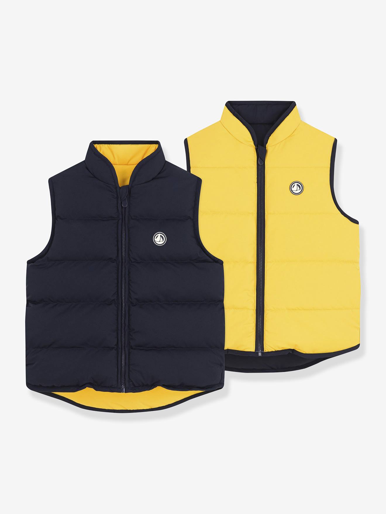 Donsjack voor kinderen, mouwloos, tweekleurig en omkeerbaar PETIT BATEAU marineblauw afbeelding