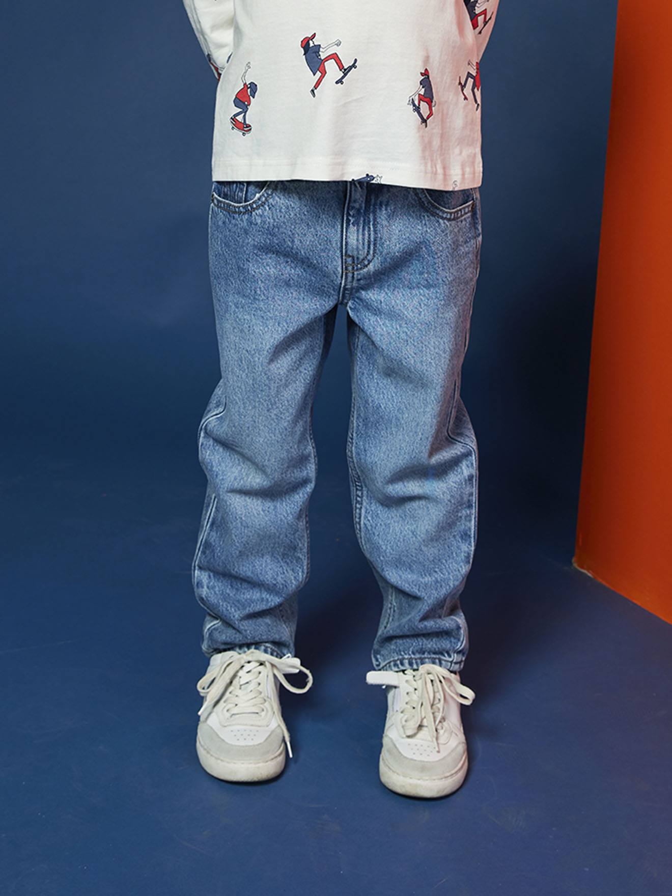Rechte 5-pocket jeans voor jongens, verwassen double stone afbeelding