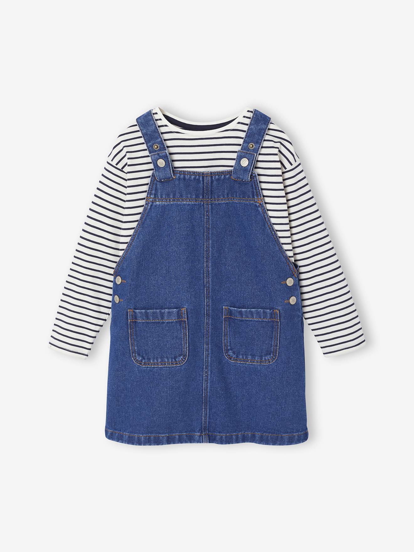 Set salopette-jurk van spijkerstof en gestreept T-shirt voor meisjes middenblauw afbeelding