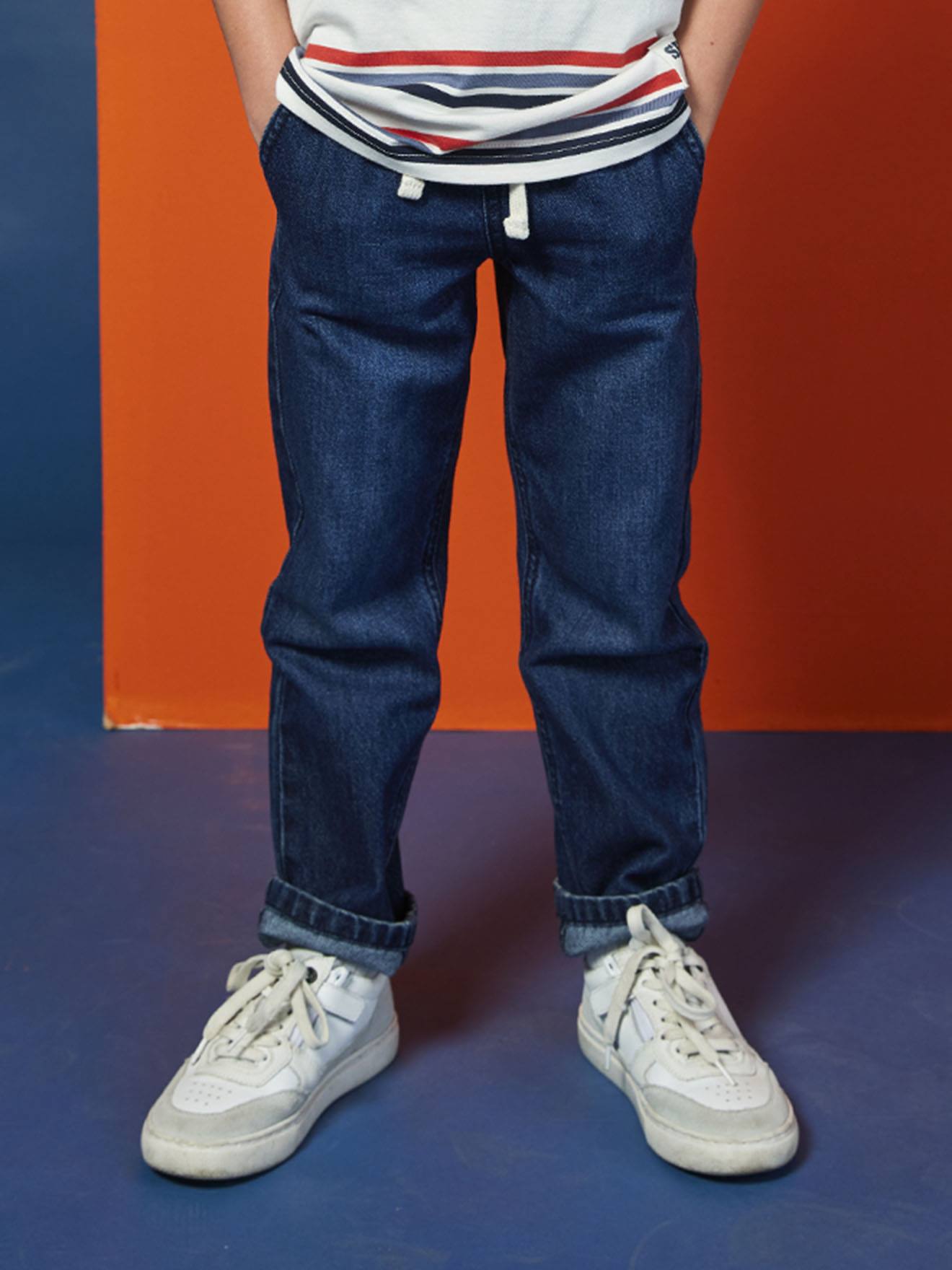Wijde jongensbroek, eenvoudig aan te trekken ongewassen denim