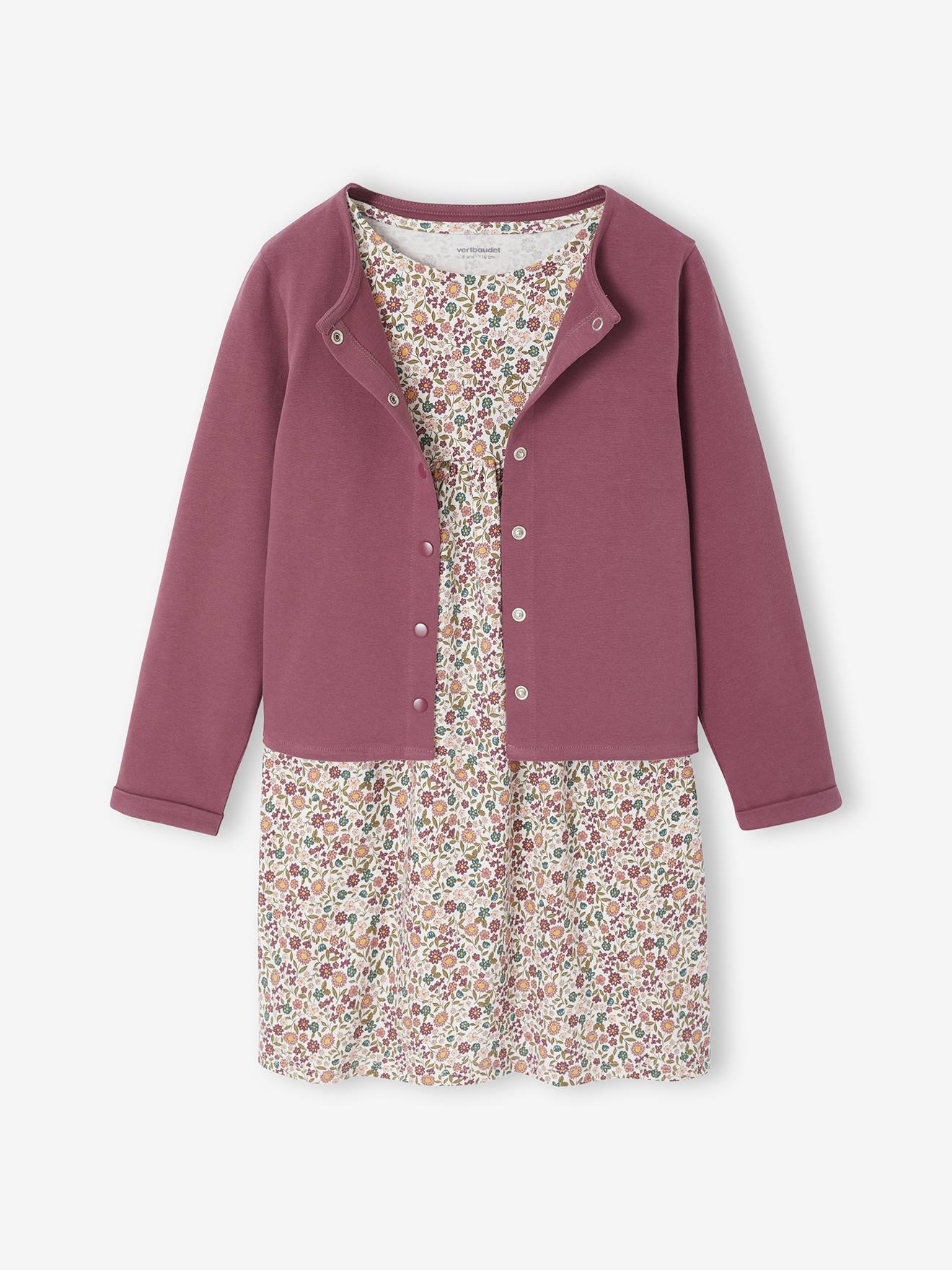 Set met vest en bloemenjurk meisje zachtpaars afbeelding