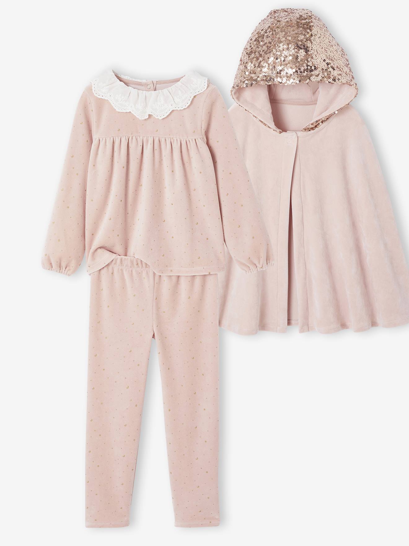 Set pyjama voor meisjes met cape en pailletten roze (poederkleur) afbeelding