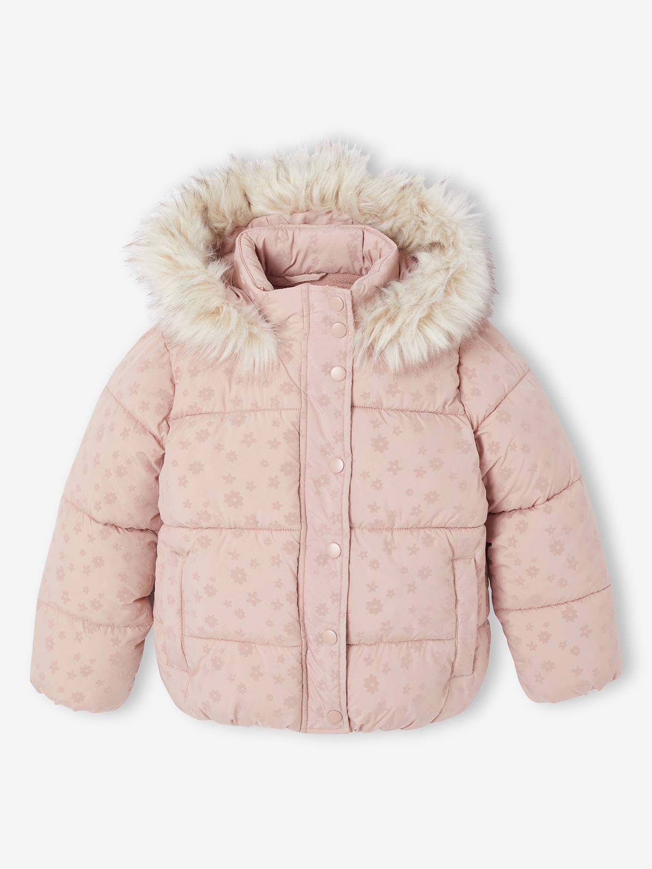 Donsjack met capuchon voor meisjes met fleece voering roze (poederkleur) afbeelding