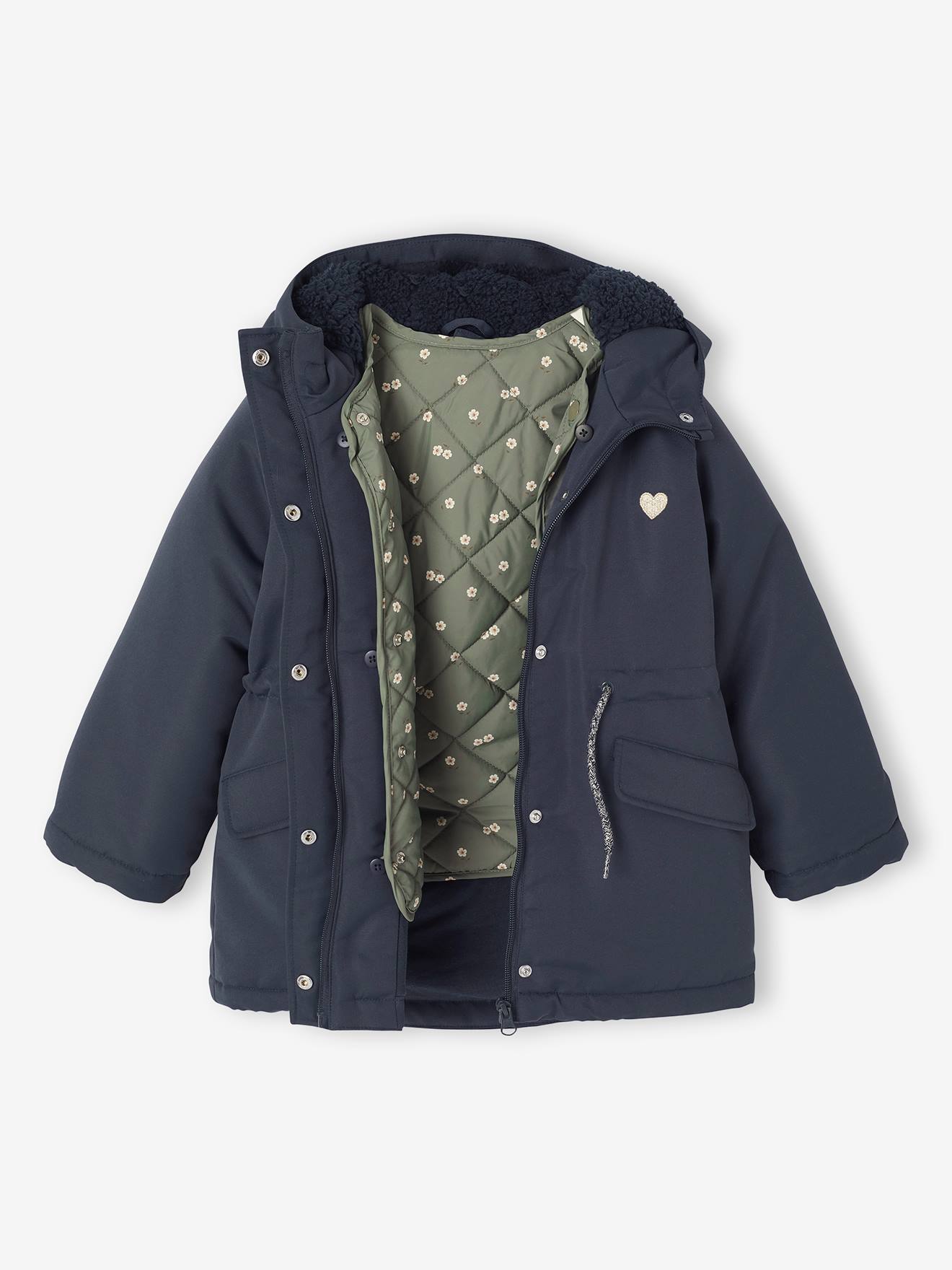 Parka met capuchon 3 in 1 meisjes parka + gewatteerde jas marineblauw afbeelding