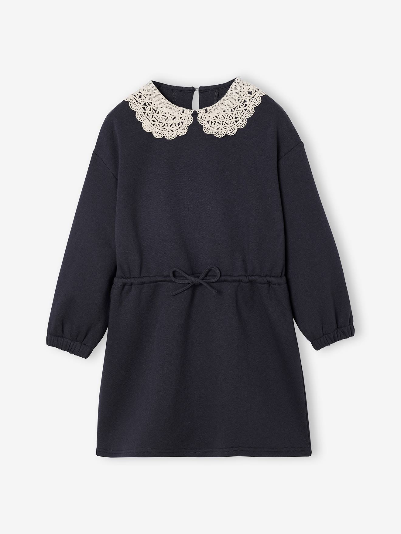 Meisjesjurk van sweaterstof met macramé kraag leigrijs afbeelding