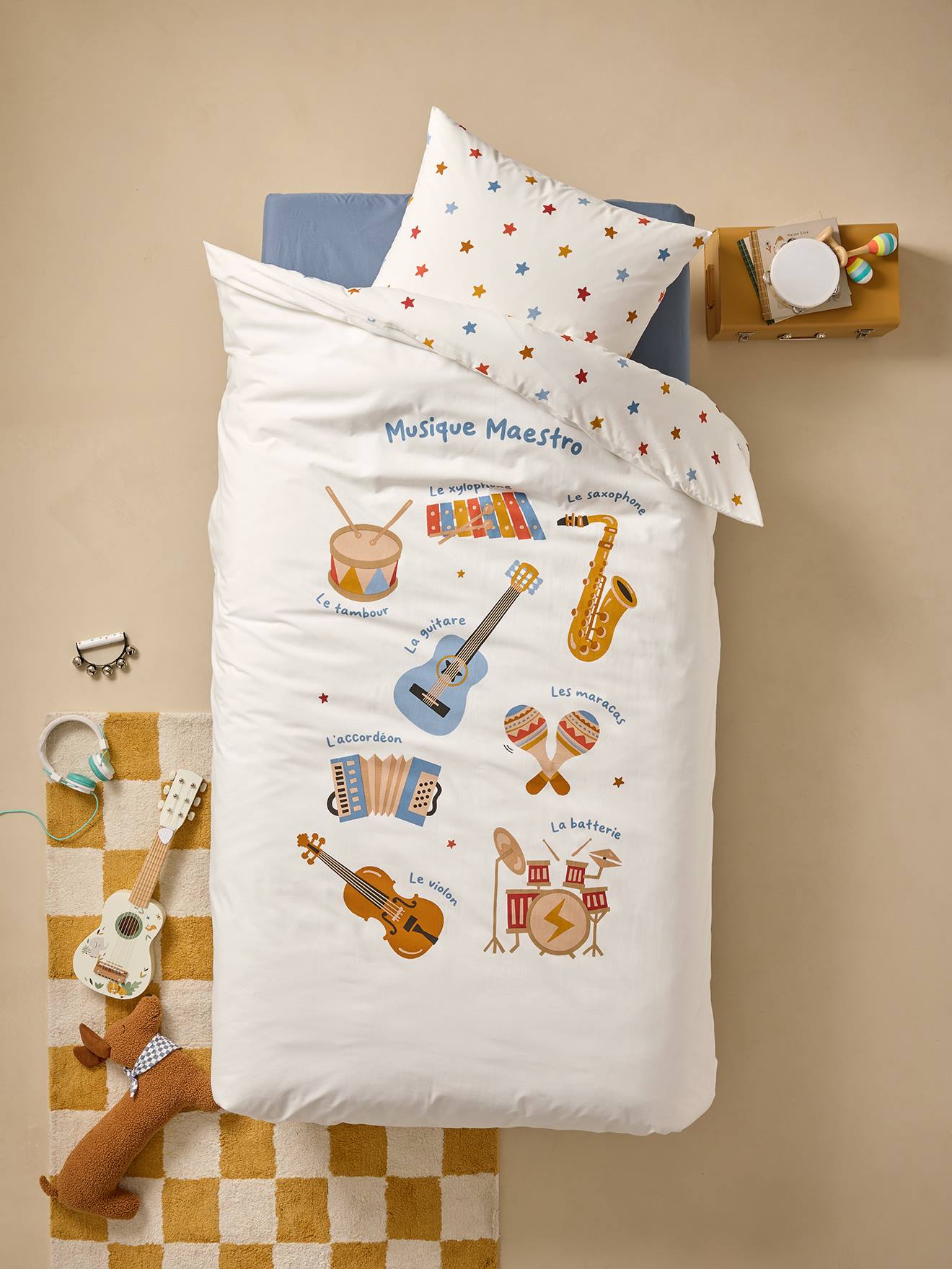 Bedset dekbedovertrek + kussensloop voor kinderen MUSIQUE LEXIQUE met gerecycled katoen wit, bedrukt afbeelding